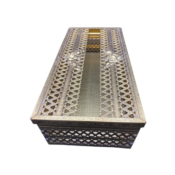 Vintage Gold Filigree Rose Tissue Box Cover Silver MCM Hollywood Regency - Picture 3 of 14